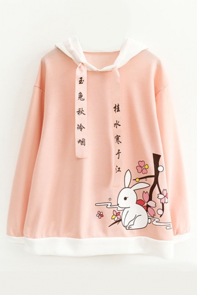 Color Block Rabbit Chinese Printed Long Sleeve Loose Hoodie