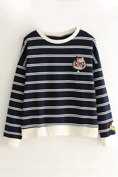 Fashion Striped Pattern Cat Embroidered Long Sleeve Pullover Sweatshirt