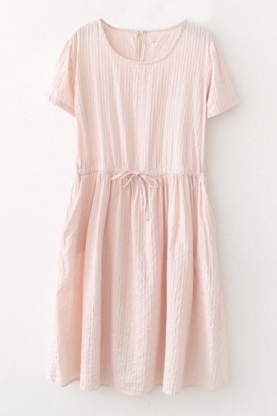 Fashionable Drawstring Waist Short Sleeve Plain A-Line Dress