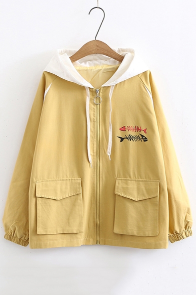 Fish Bone Printed Long Sleeve Zip Up Hooded Coat with Flap Pockets