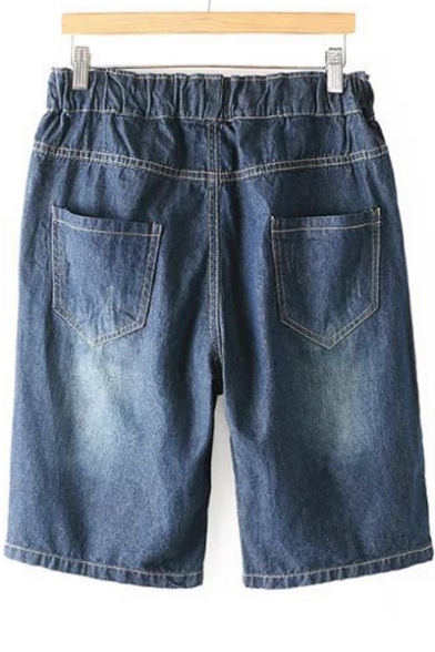 Folk Style Applique Drawstring Waist Loose Denim Shorts