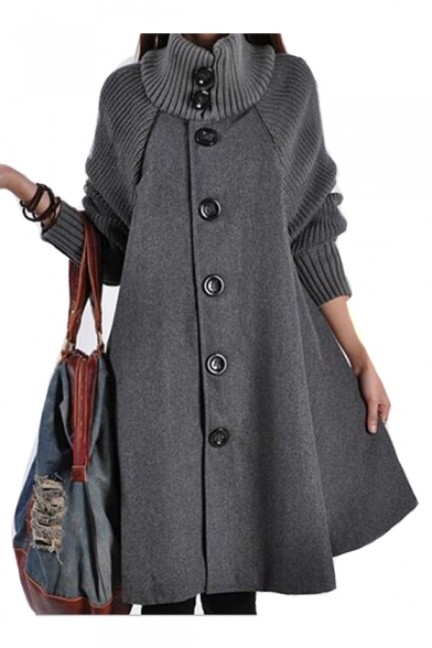 High Neck Long Sleeve Button Down Loose Tunic Cape