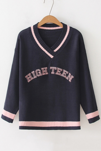 HIGH TEEN Letter Embroidered Contrast Striped Trim V Neck Long Sleeve Sweater