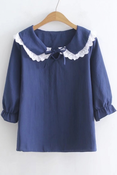 Lace Insert Doll Collar Ruffle Detail 3/4 Length Sleeve Blouse