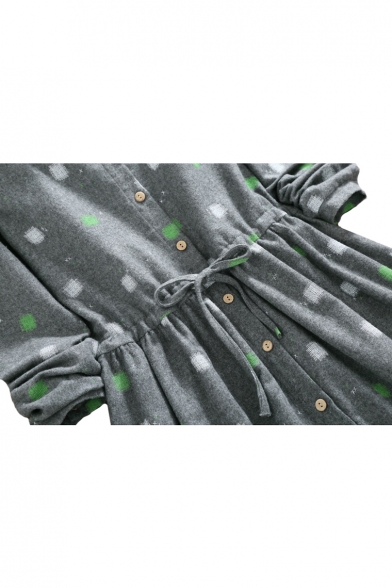 Lapel Collar Button Down Long Sleeve Plaid Printed Midi A-Line Dress