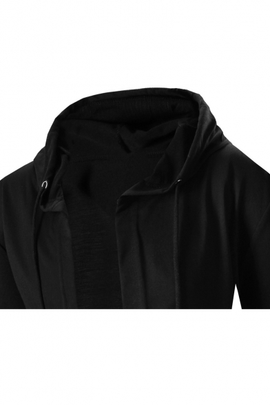 Long Sleeve Plain Drawstring Hem Open Front Tunic Hooded Coat