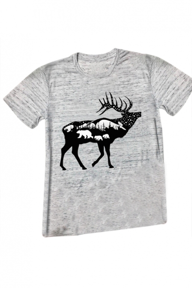 Round Neck Deer Printed Short Sleeve Leisure Tee