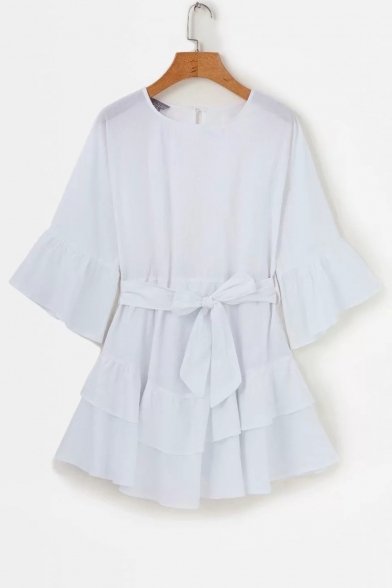 Ruffle Detail Plain Round Neck 3/4 Length Sleeve Mini A-Line Dress