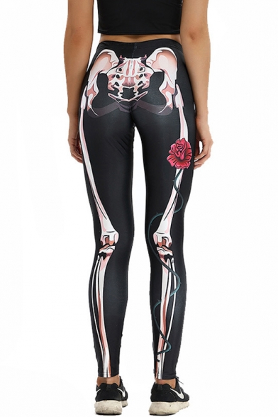 Skeleton Floral Printed Elastic Waist Skinny Leggings
