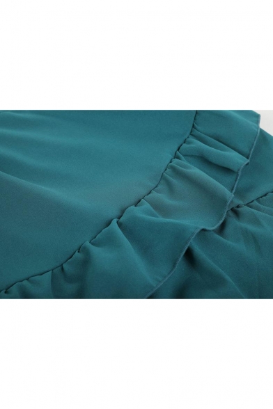 V Neck Long Sleeve Plain Ruffle Detail Mini A-Line Dress