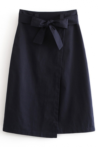 Bow Tie Waist Plain Midi A-Line Asymmetric Skirt