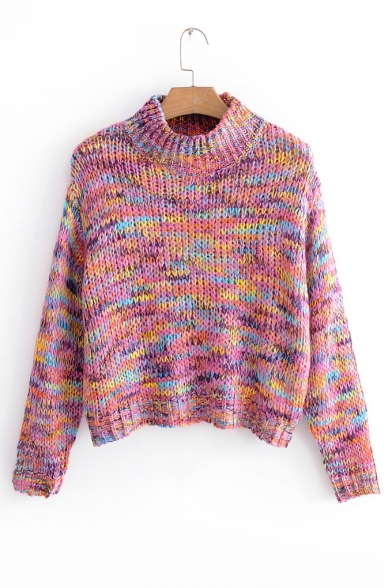 Colorful High Neck Long Sleeve Crop Sweater