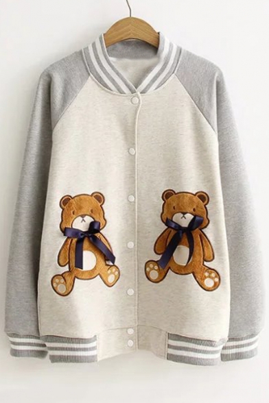 Contrast Striped Stand Up Collar Color Block Raglan Long Sleeve Bear Embroidered Button Down Baseball Jacket