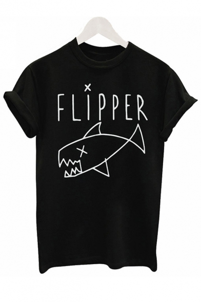 Fish FLIPPER Letter Printed Round Neck Short Sleeve Tee
