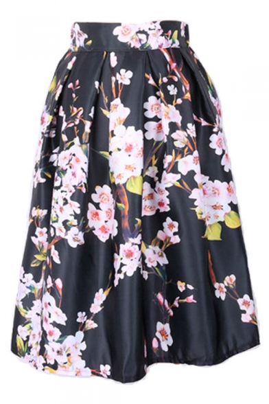 Floral Printed Elastic Waist Midi A-Line Pleated Skirt