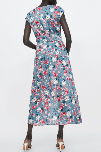 Floral Printed V Neck Short Sleeve Button Embellished Split Front Maxi A-Line Dress
