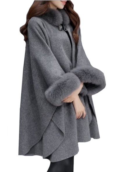 Fur Trim Embellished Long Sleeve Plain Loose Warm Cape Coat
