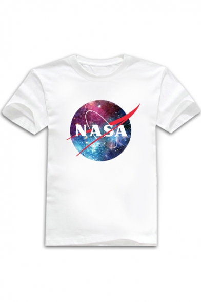 Galaxy NASA Letter Printed Round Neck Short Sleeve Graphic Tee