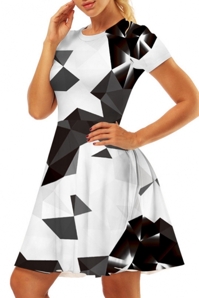 Geometric Printed Round Neck Short Sleeve Mini A-Line Dress