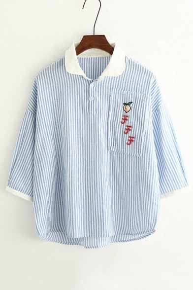 Japanese Beach Embroidered Contrast Lapel Collar Striped Printed 3/4 Length Sleeve Blouse