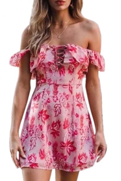 Lace Up Front Off The Shoulder Short Sleeve Floral Printed Mini A-Line Dress