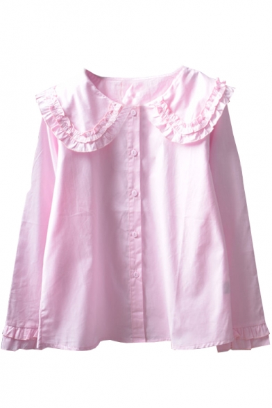 Lapel Color Button Down Long Sleeve Plain Ruffle Detail Cotton Shirt
