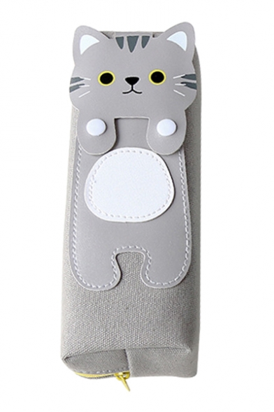 Lovely PU Cat Pattern Patched Zippered Pencil Case
