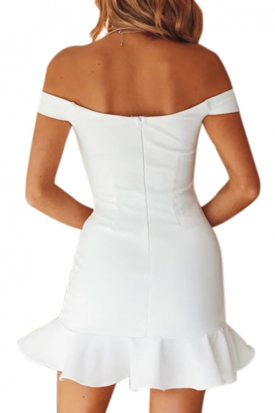 Off The Shoulder Short Sleeve Ruffle Hem Plain Mini Asymmetric Dress