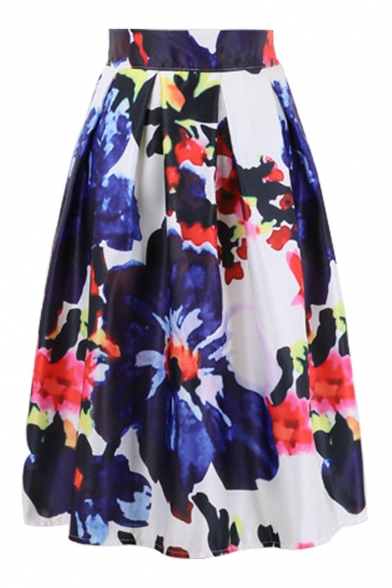 Retro Floral Printed Elastic Waist Midi A-Line Skirt