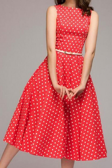 Retro Round Neck Sleeveless Polka Dot Printed Maxi A-Line Dress