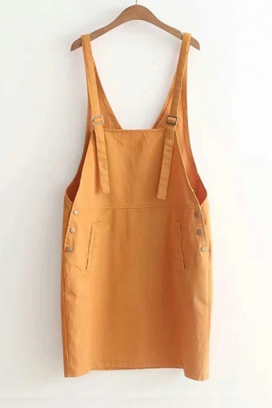 Simple Plain Button Overall Dress with Pocket