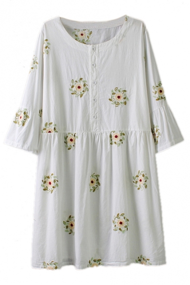 Stylish Floral Embroidered 3/4 Length Sleeve Round Neck Dress