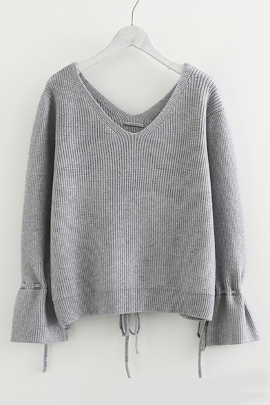 

V Neck Long Sleeve Drawstring Cuff Plain Ribbed Sweater, LC479863, Black;beige;gray