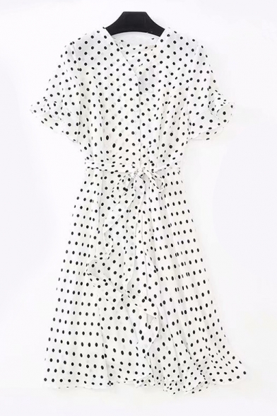 V Neck Short Sleeve Polka Dot Printed Bow Tie Waist Midi A-Line Dress