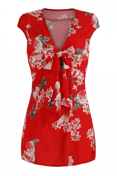 Vintage Floral Printed V Neck Short Sleeve Mini A-Line Dress
