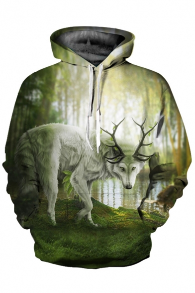 3D Antlers Wolf Printed Long Sleeve Hoodie for Couple
