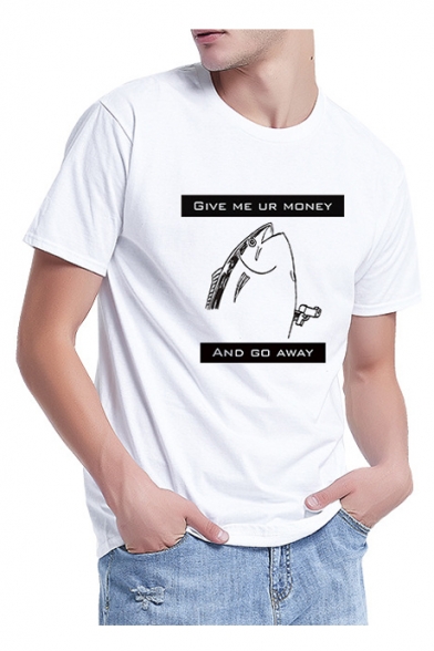 GIVE ME UR MONEY Letter Fish Printed Round Neck Short Sleeve Tee
