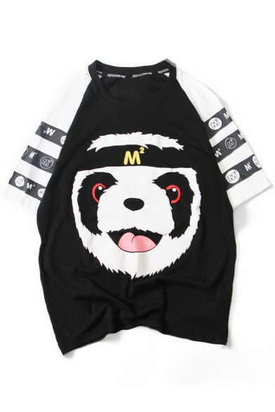 Hip Hop Style Panda Letter Color Block Round Neck Short Sleeve Tee