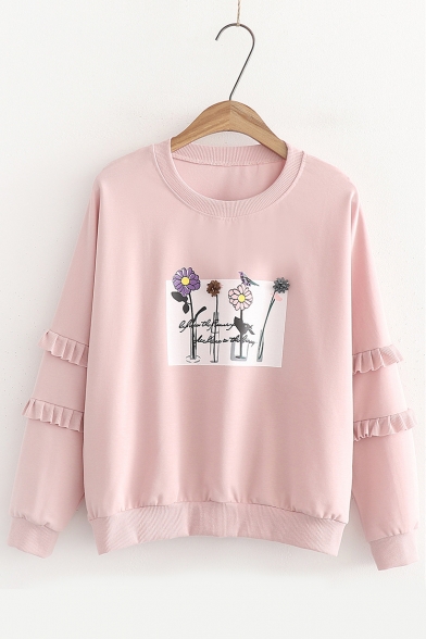 Long Sleeve Floral Letter Printed Round Neck Pullover Sweatshirt