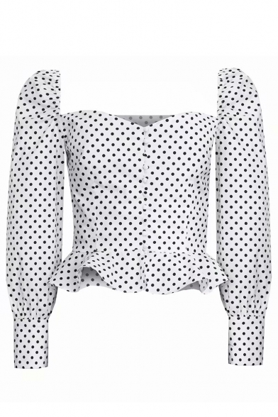 Polka Dot Printed Square Neck Long Sleeve Button Front Ruffle Hem Crop Blouse