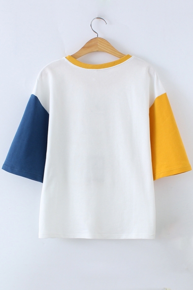 ROOM FOR RENT Letter Embroidered Color Block Round Neck Short Sleeve Tee