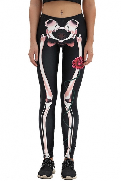 Skeleton Floral Printed Elastic Waist Skinny Leggings