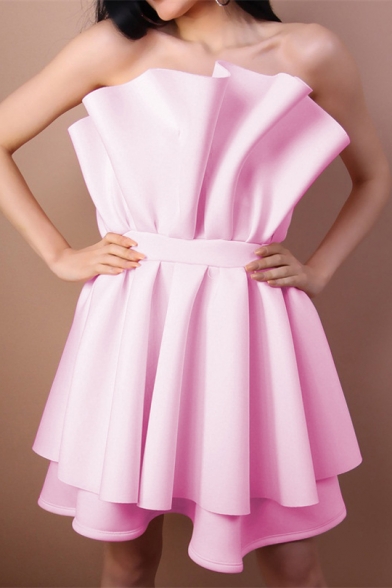 Strapless Sleeveless Plain Layered Mini Tube Dress