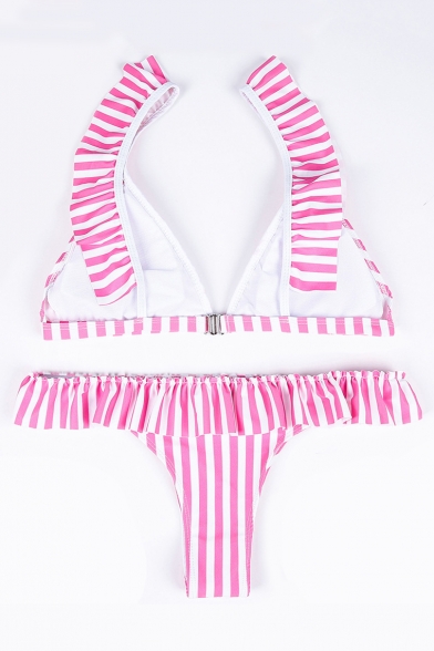 Straps Sleeveless Striped Printed V Neck Triangle Bikini