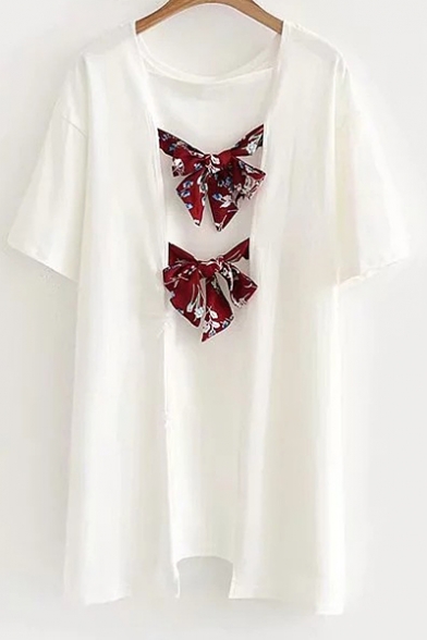 Unique Bow Embellished Back Round Neck Short Sleeve Mini T-Shirt Dress