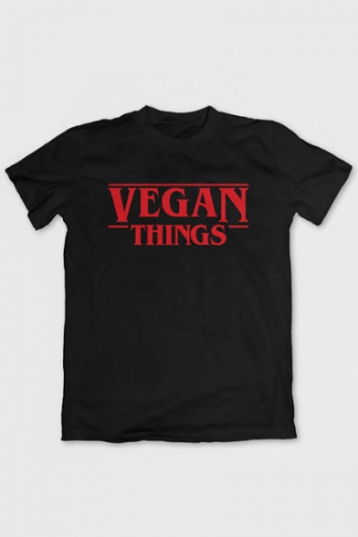 VEGAN THINGS Letter Printed Round Neck Short Sleeve Graphic Tee