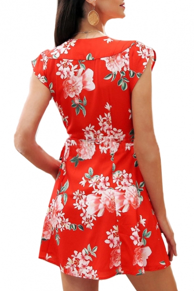Vintage Floral Printed V Neck Short Sleeve Mini A-Line Dress