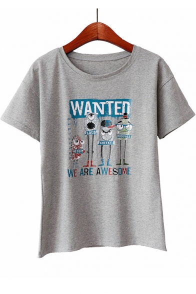 WANTED Letter Cartoon Printed Round Neck Short Sleeve Graphic Tee