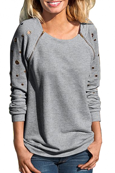 Zipper Keyhole Embellished Round Neck Long Sleeve Slim Sweatshirt