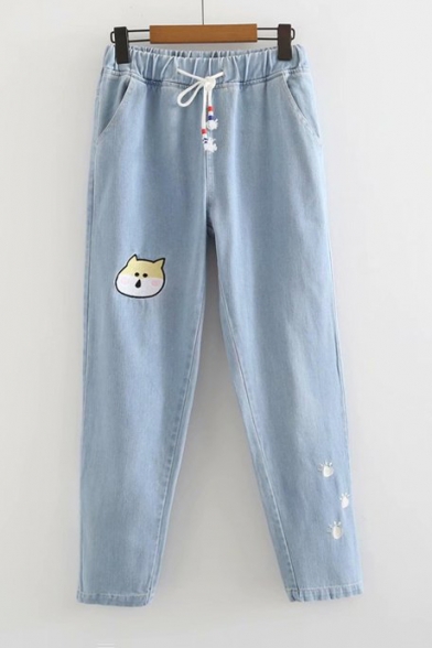 CAT Letter Animal Embroidered Drawstring Waist Straight Jeans